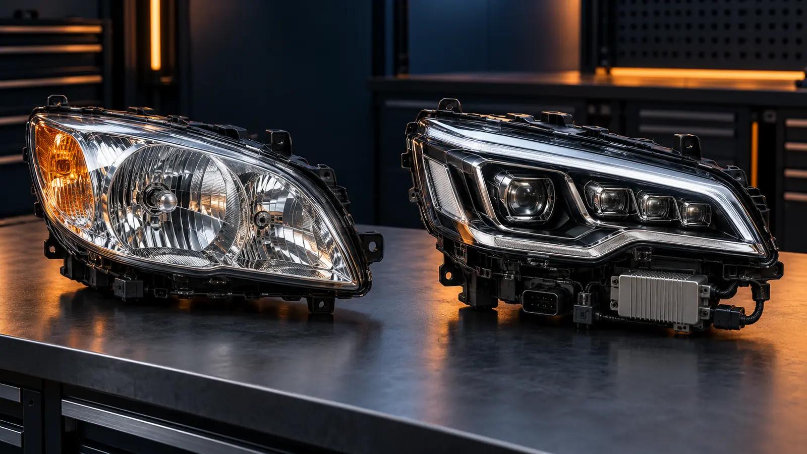 Галогенная и современная LED-фары с разными оптическими модулями, разъёмами и блоками управления